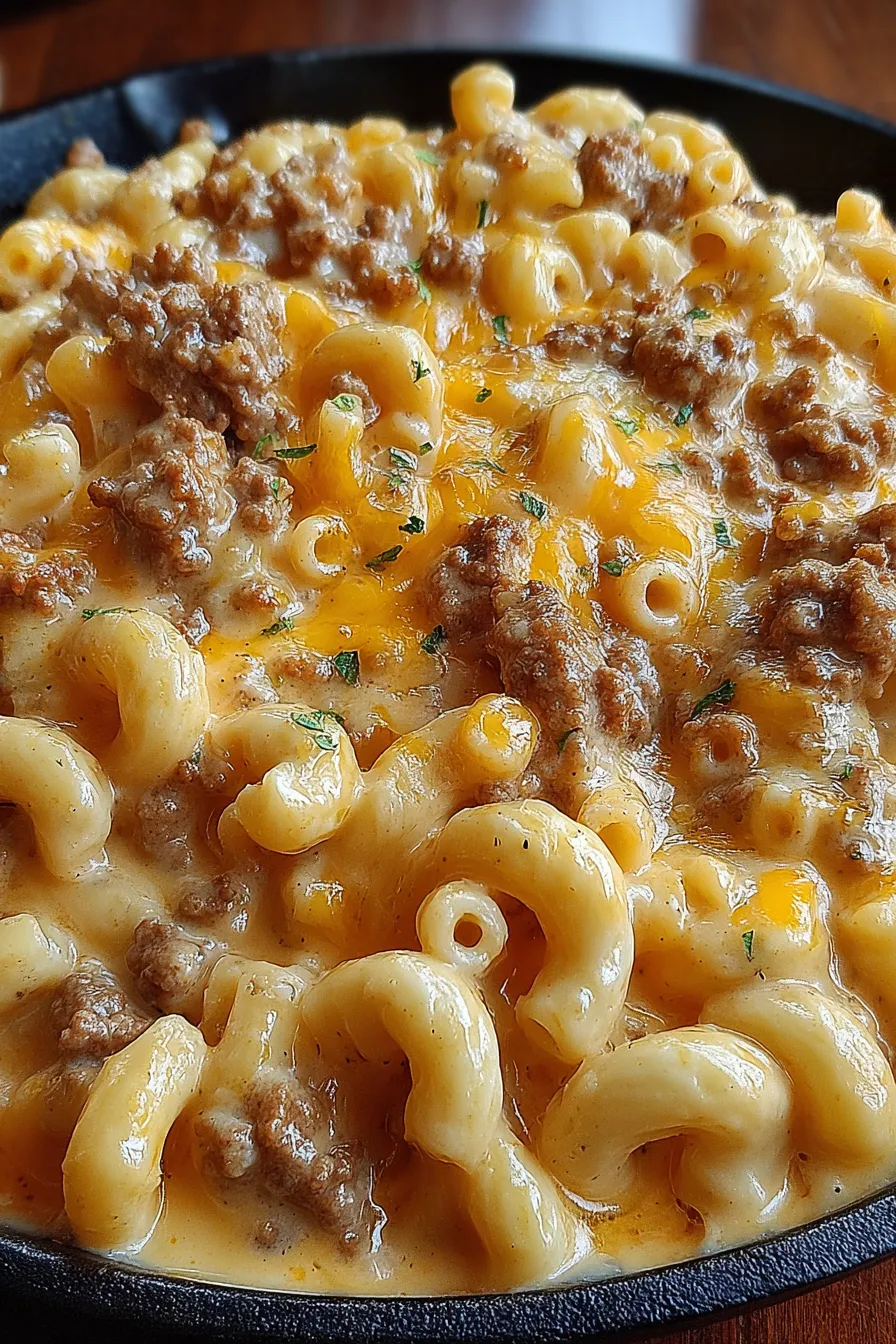 Cheesy macaroni hamburger casserole in a baking dish