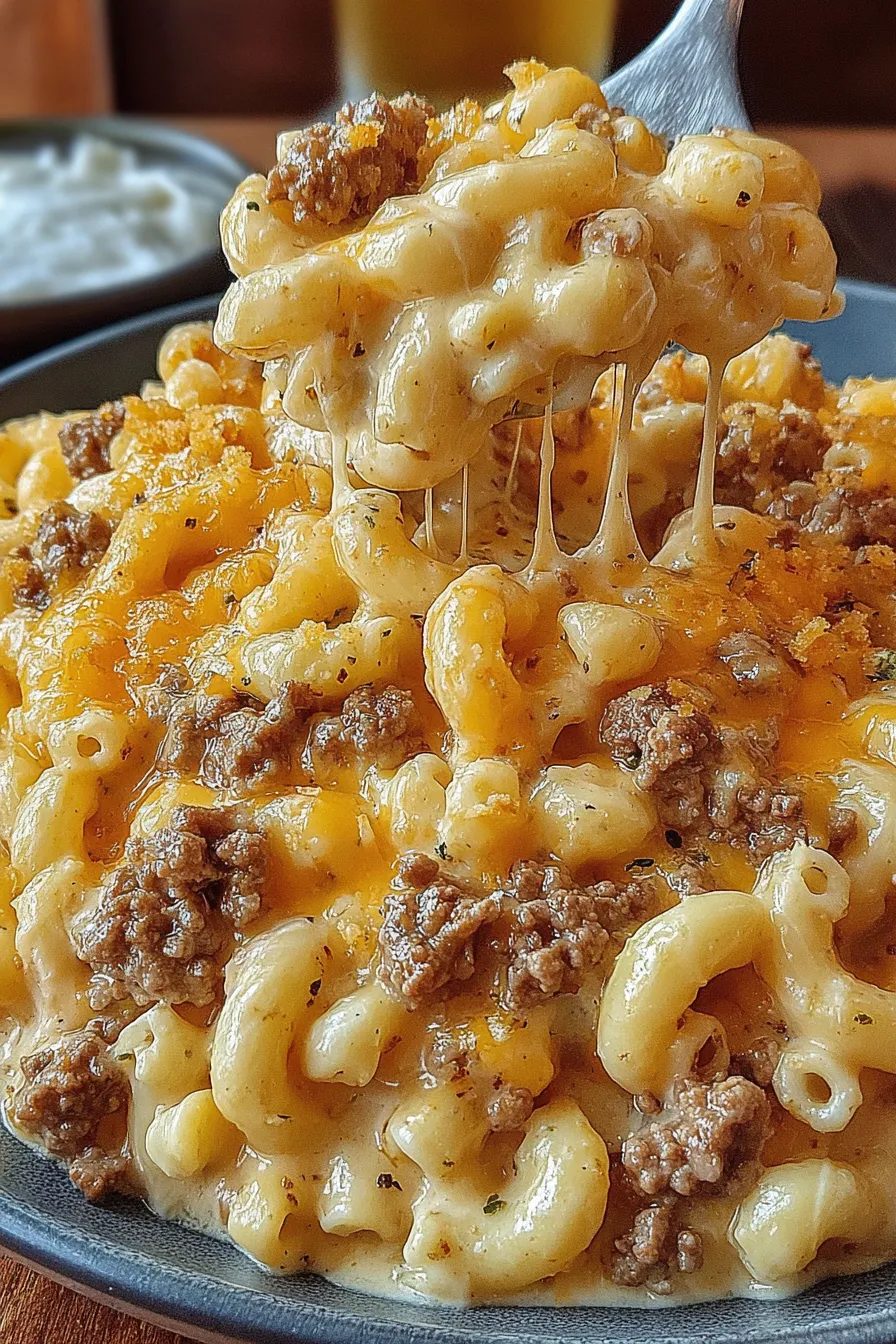 Close-up of a cheesy bite topped with cracker crumbs