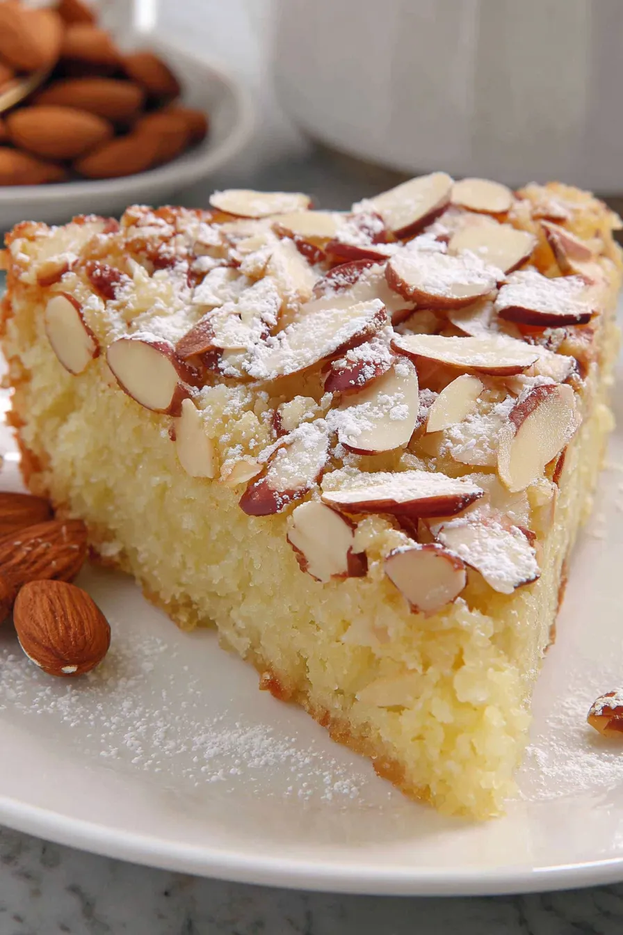 Almond cake in pan with toasted almond topping