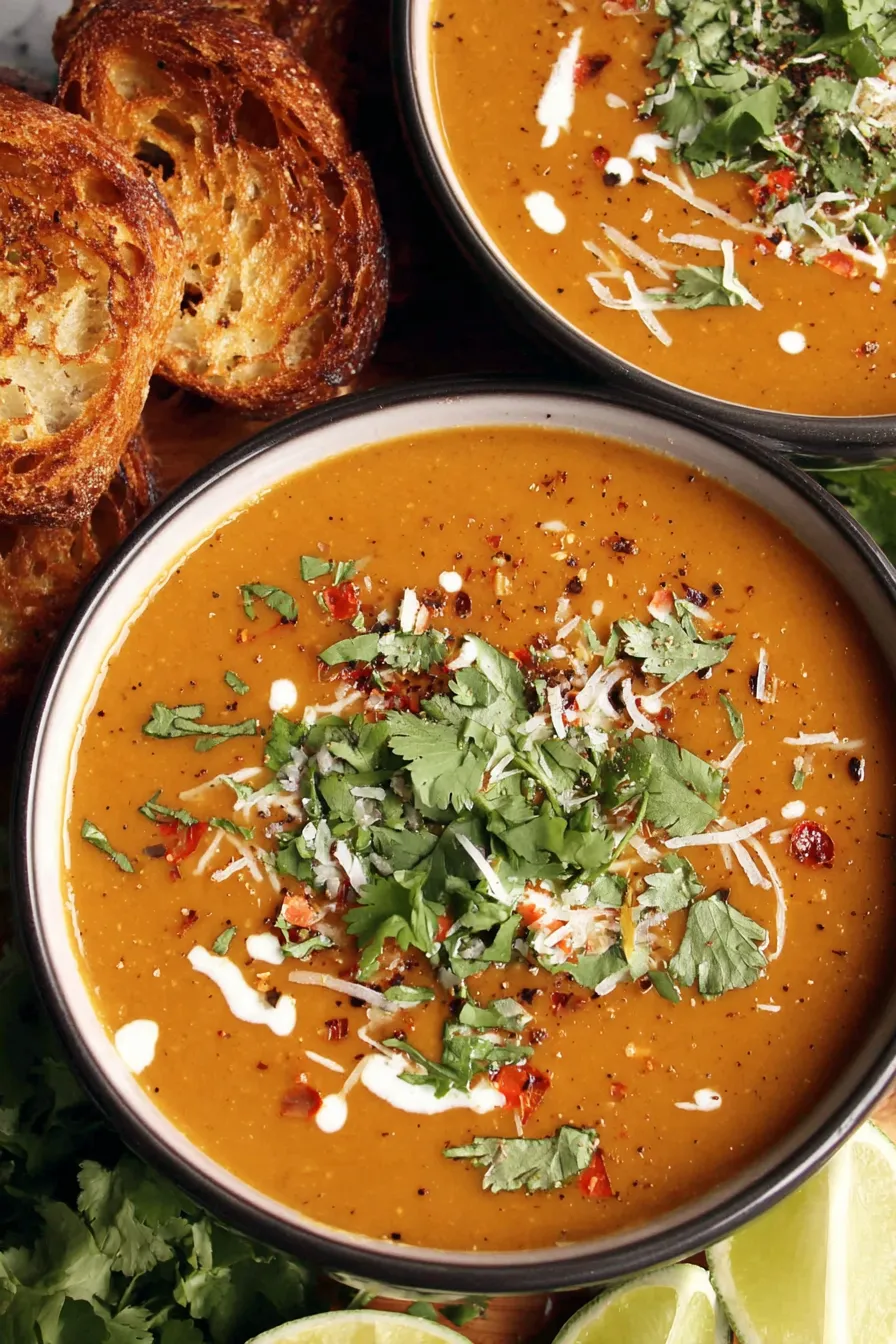 Bowl of spicy pinto bean soup garnished with crema and cilantro
