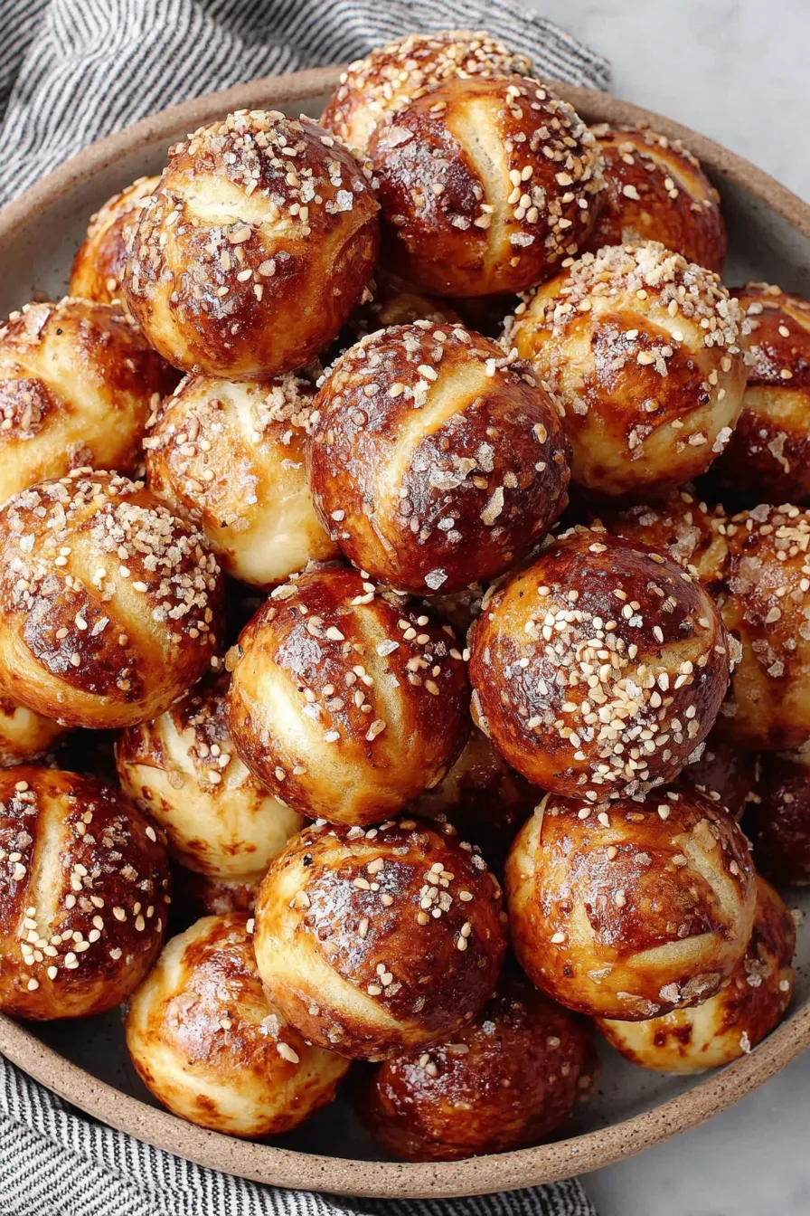 Tray of golden sourdough pretzel bites cooling