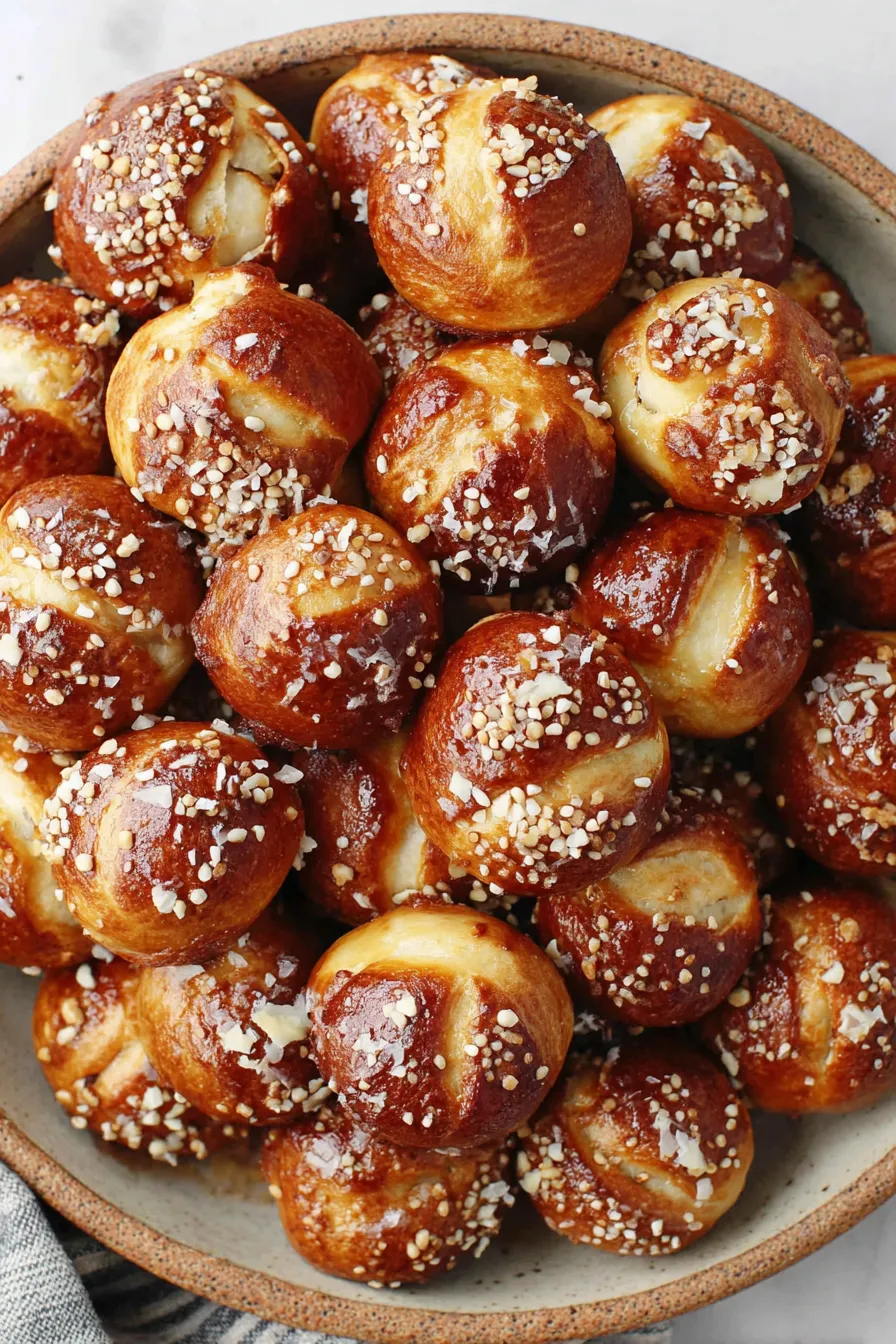 Close-up of a pretzel bite with everything bagel seasoning