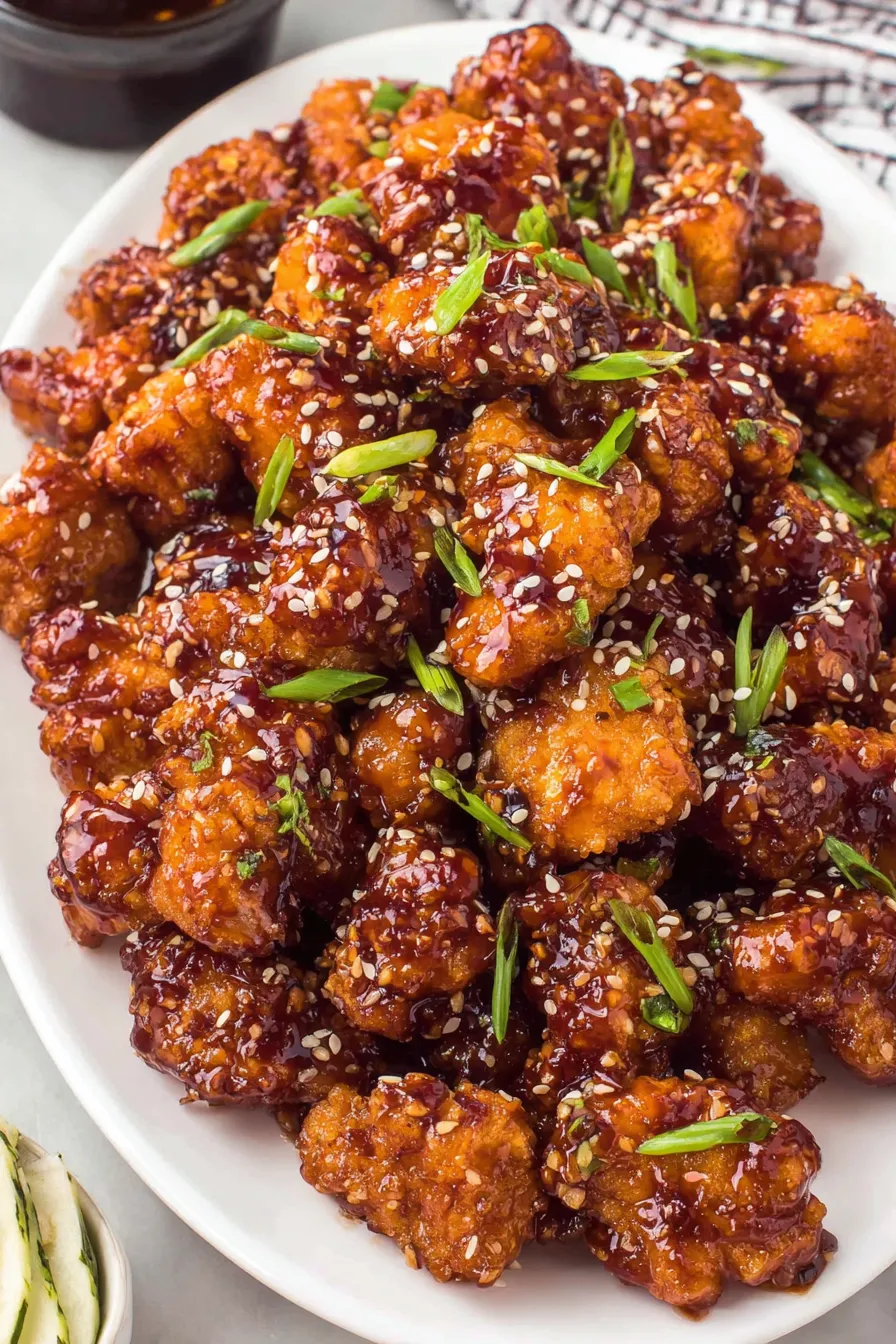 Crispy General Tso chicken in a bowl with scallions and sesame seeds