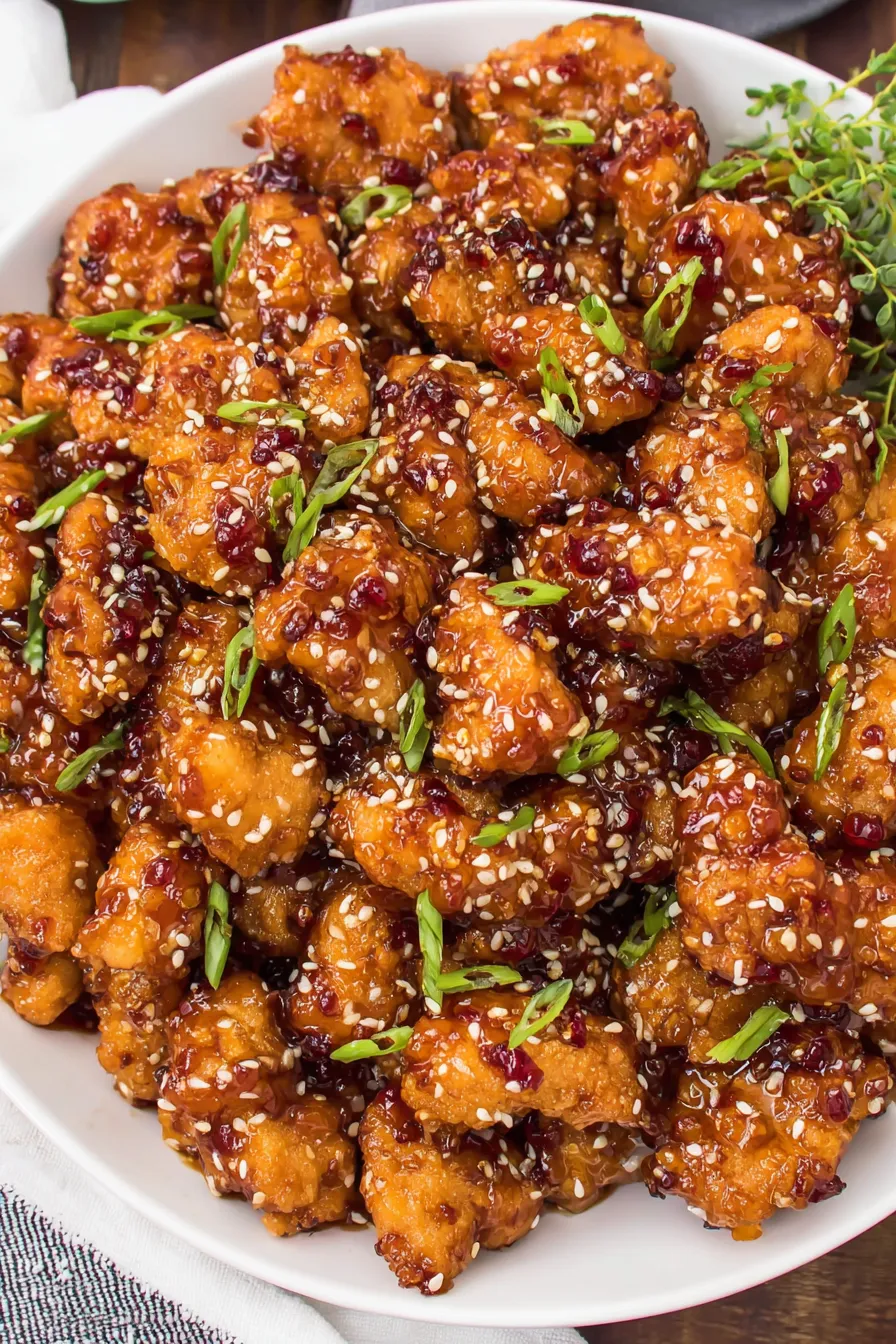 General Tso chicken plated with rice and scallions