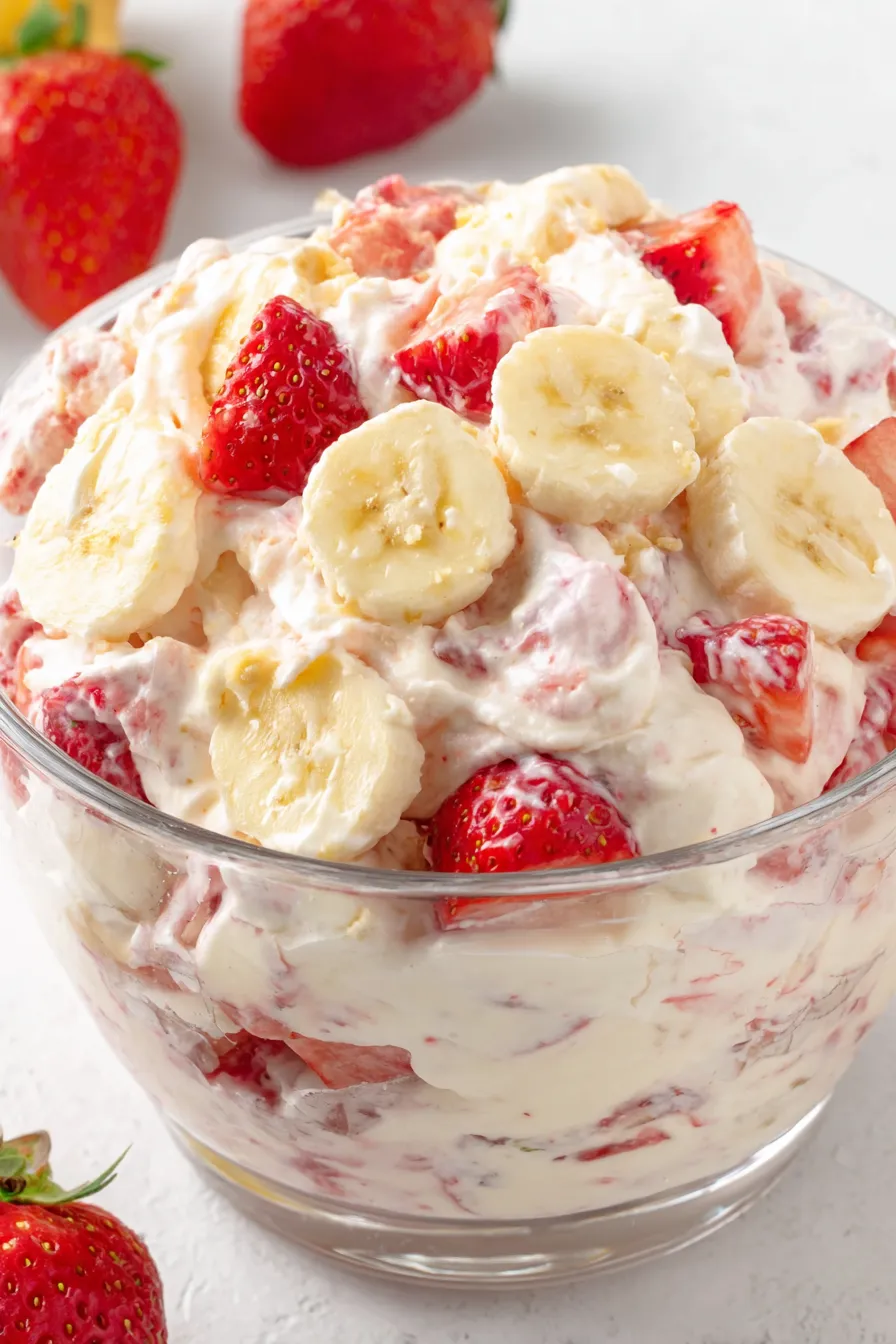 Creamy strawberry banana mixture in a glass bowl