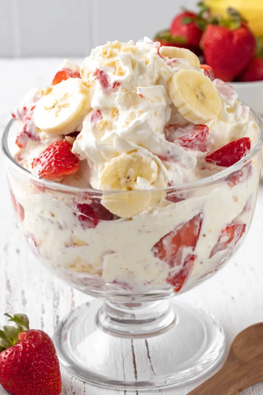 Garnished strawberry banana cheesecake salad in serving bowl