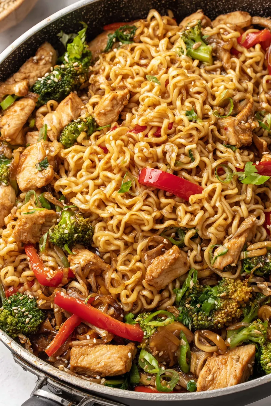 Chicken ramen stir fry tossed in sauce in a skillet