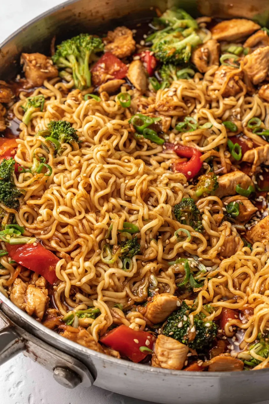 Garnished chicken ramen stir fry served in bowl