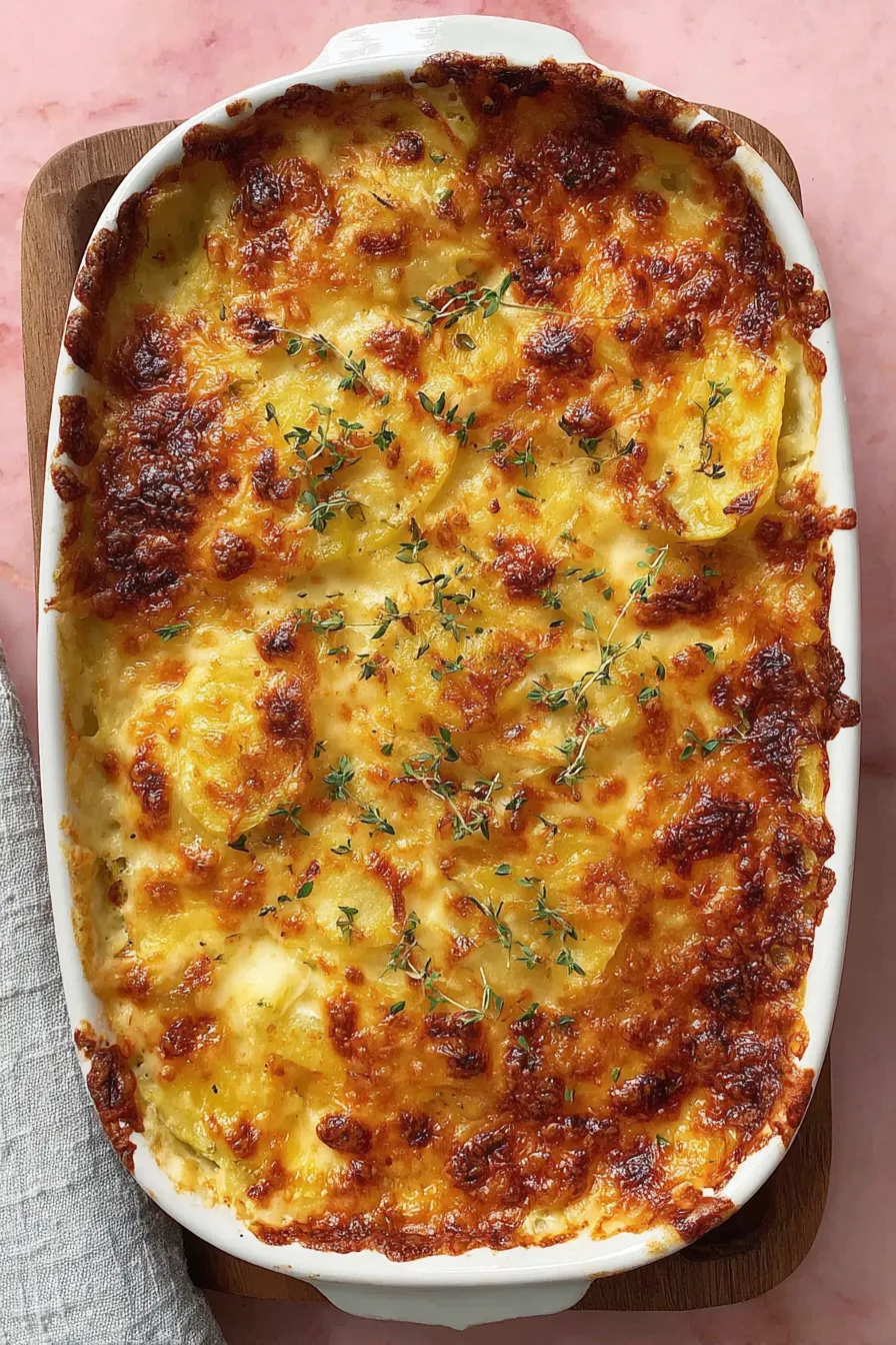 Golden melted cheese topping on potato bake