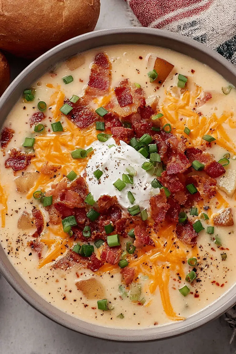 Top view of a ladle scooping creamy potato soup from a crockpot