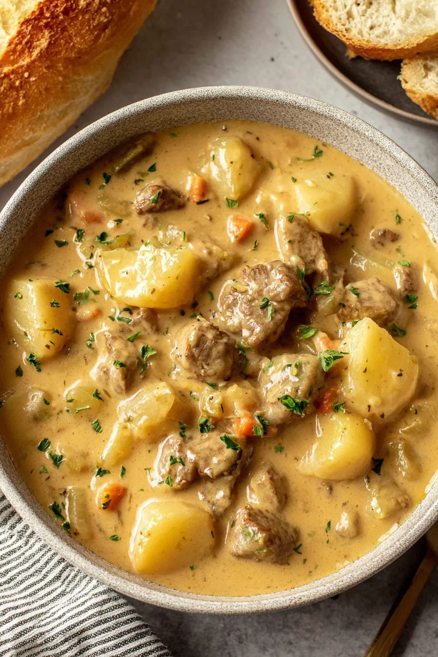 Creamy steak and potato soup simmering in a Dutch oven