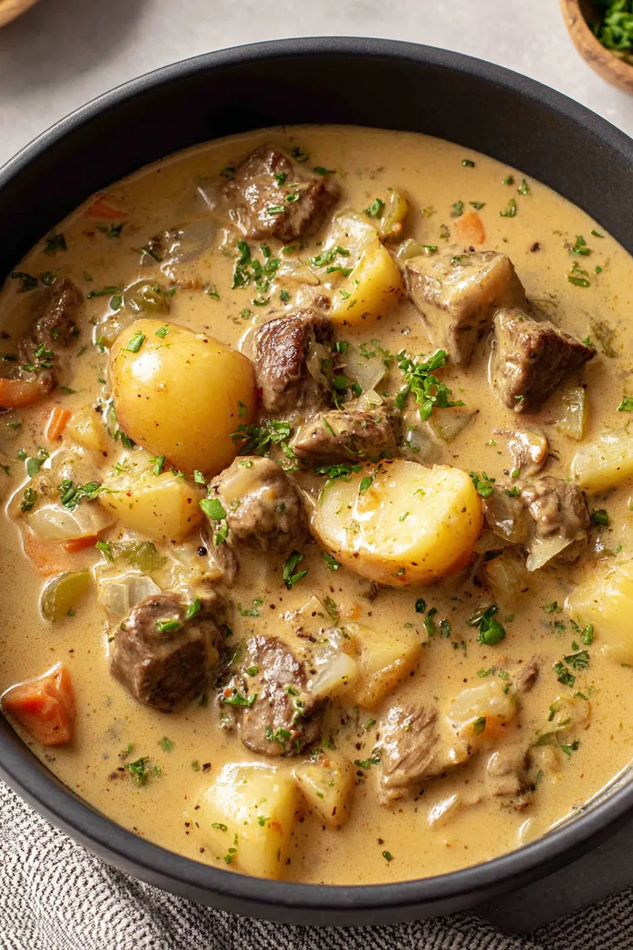Bowl of creamy steak and potato soup garnished with cheddar and herbs