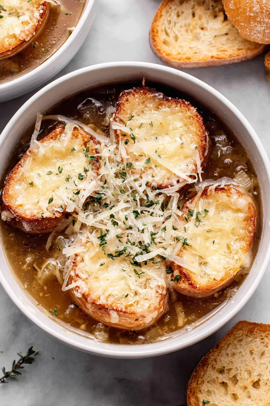 Caramelized onions and simmering soup in a pot