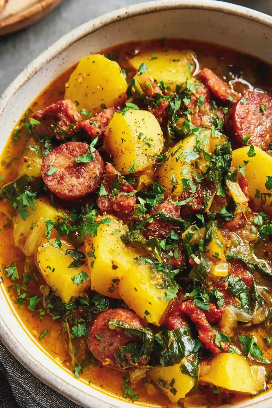 Bowl of spicy chorizo and potato soup with parsley