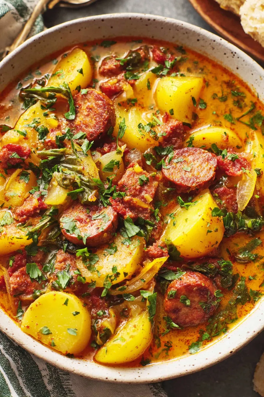 Potatoes and chorizo sizzling in a pot