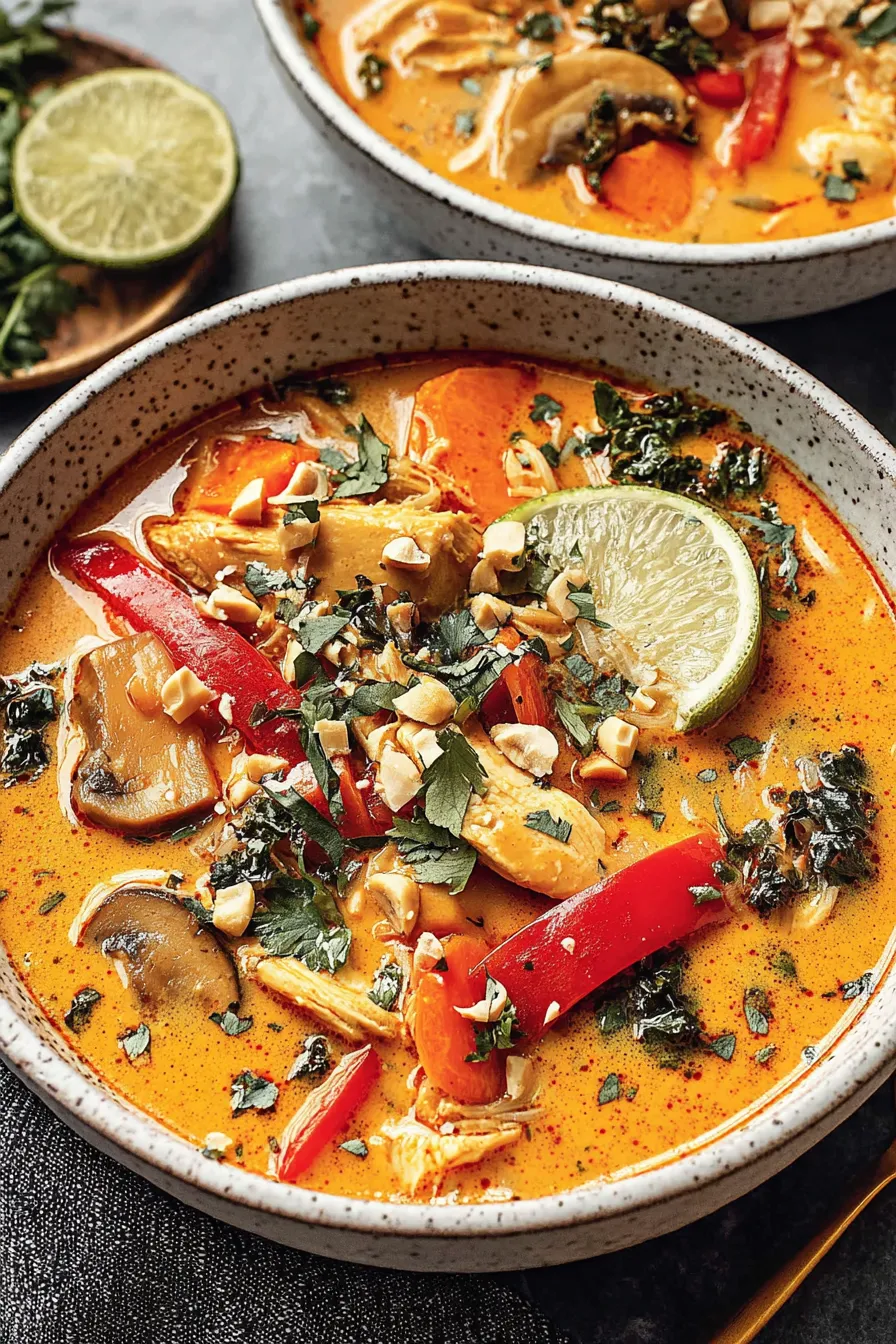 Slow Cooker Thai Chicken Soup in a bowl with garnish