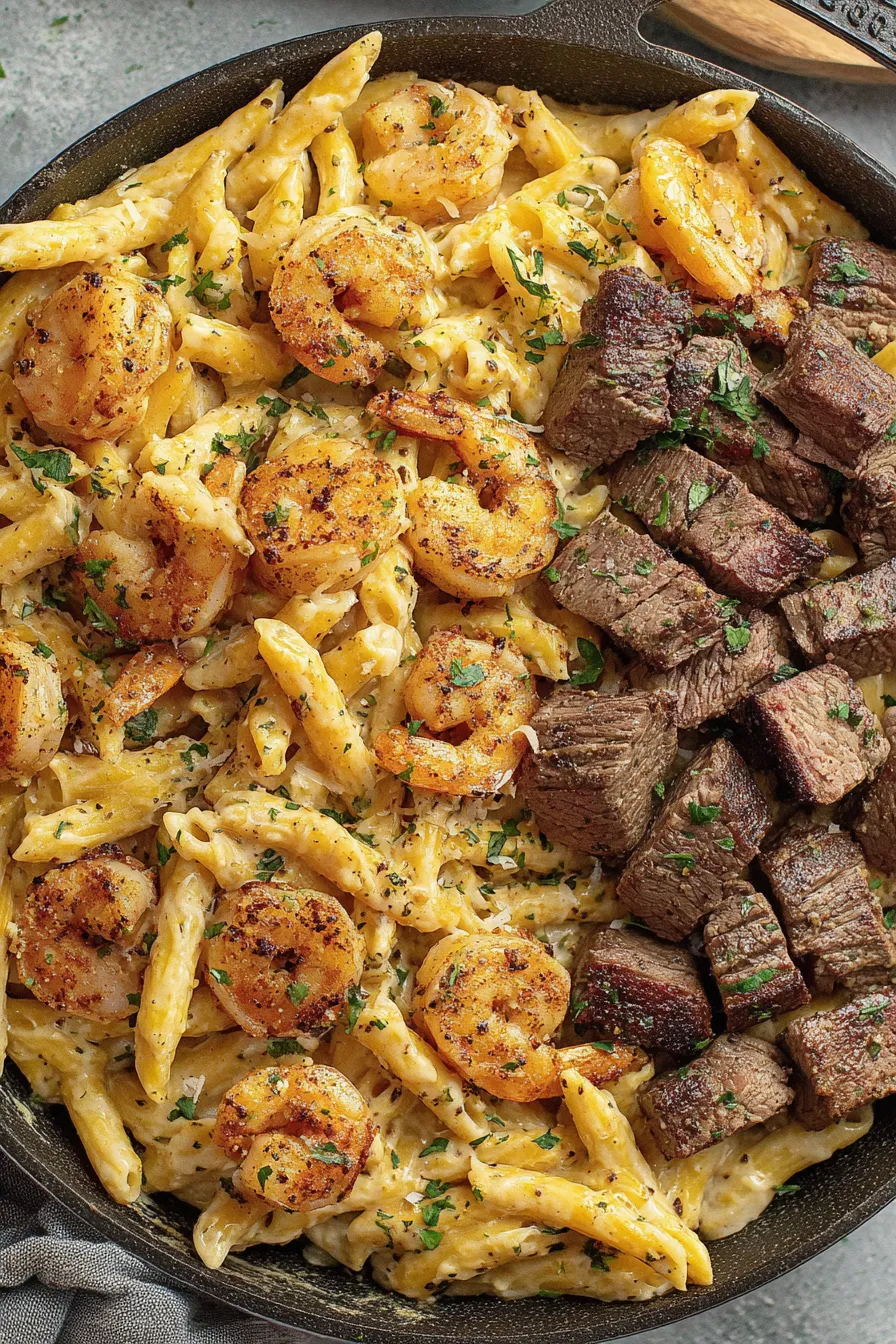 Close up of blackened steak and shrimp Alfredo in pan