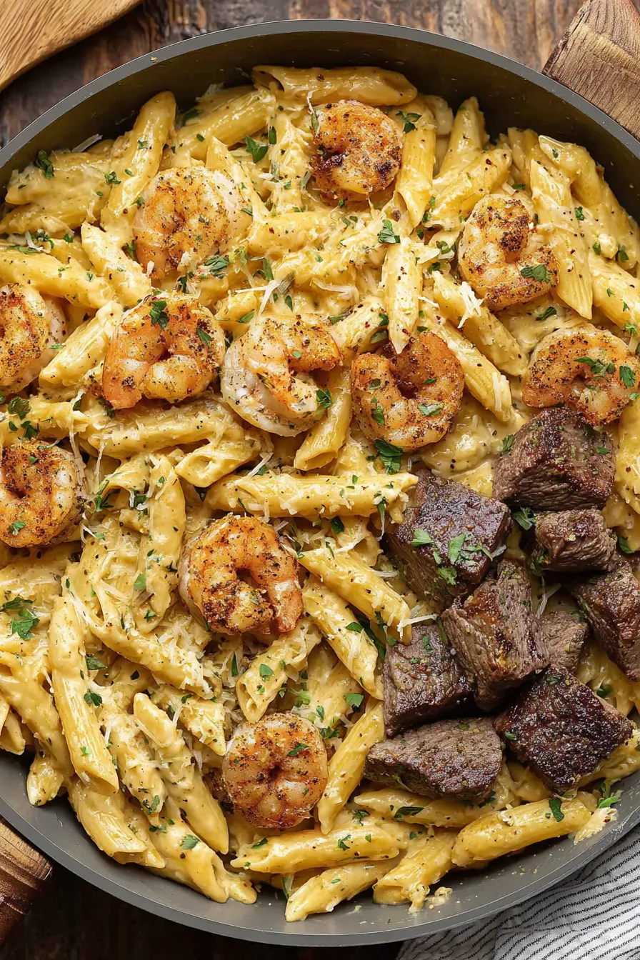 Plated blackened steak and shrimp Alfredo with parsley garnish