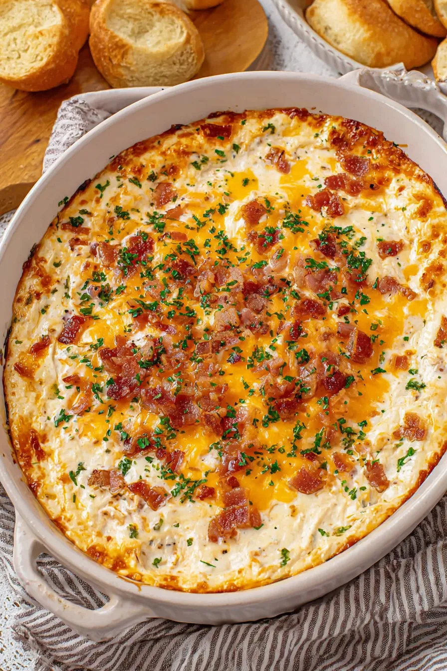 Close-up of warm crack chicken dip in baking dish