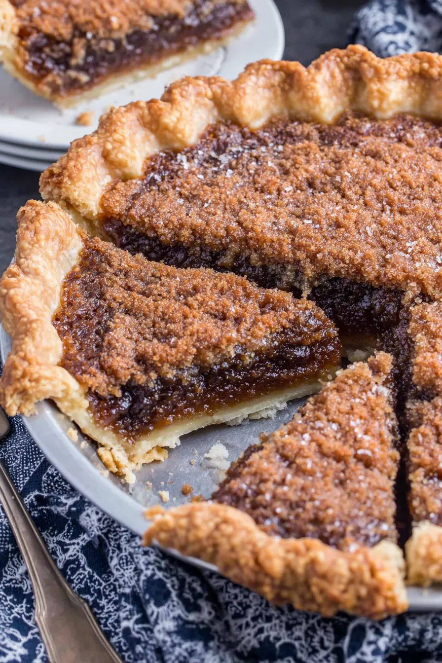 Slice of shoofly pie on a plate with fork