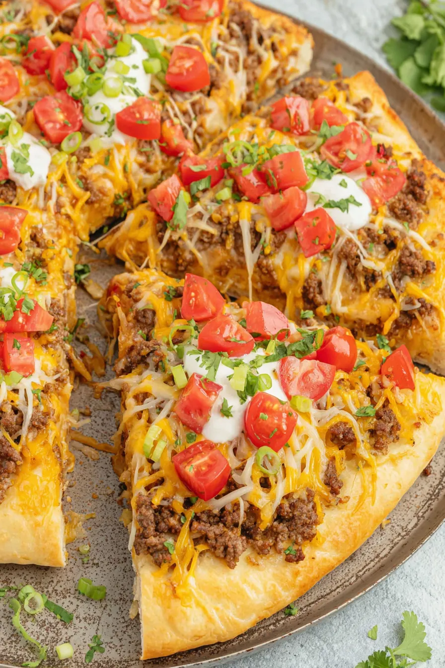 Sliced taco pizza on a baking sheet with fresh toppings