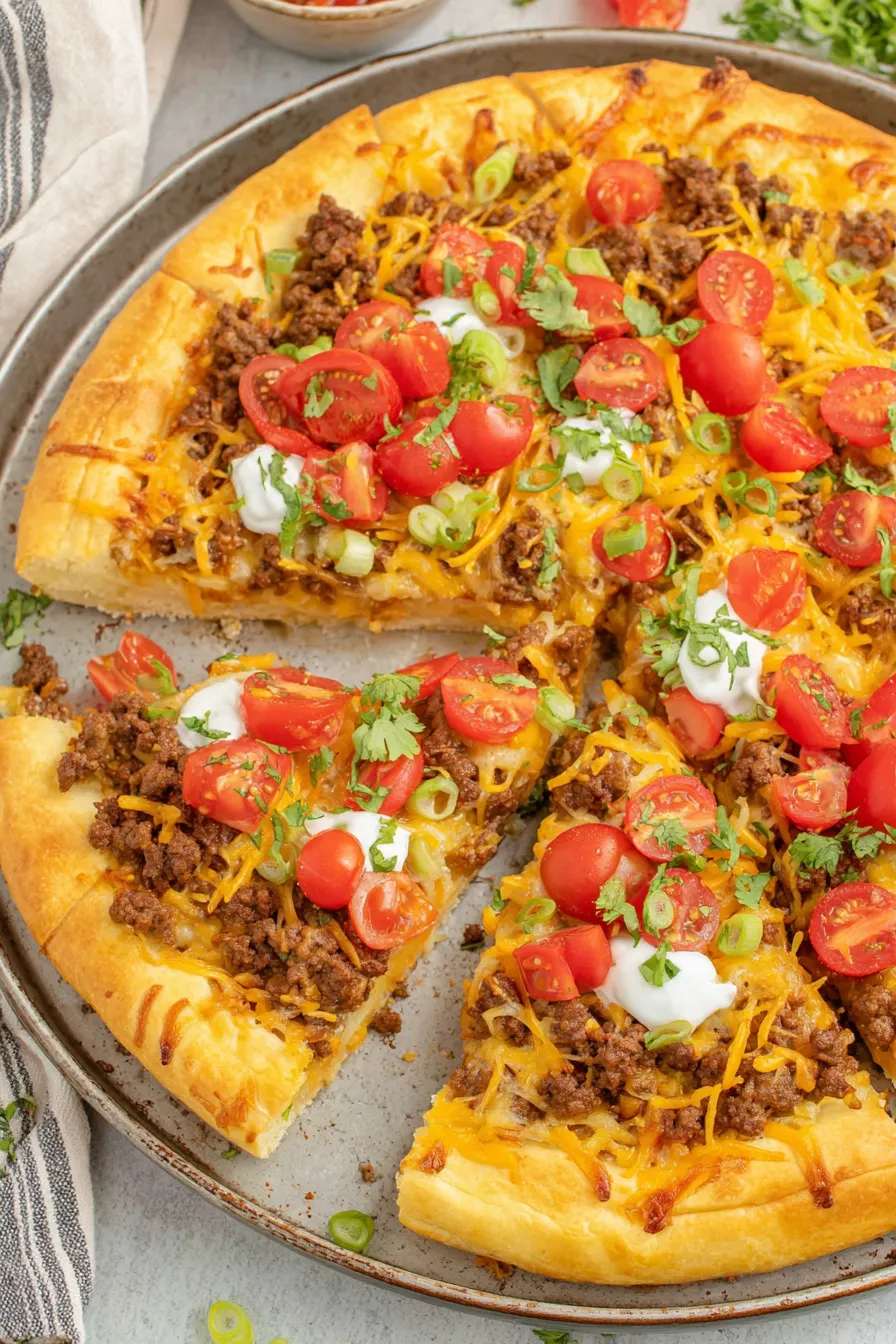 Taco pizza crust with shredded cheese and taco meat
