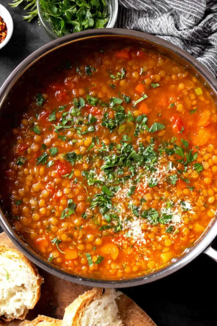 Italian lentil soup in a rustic bowl, garnished with parsley and olive oil