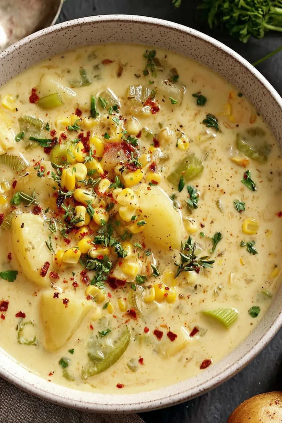 A steaming bowl of creamy potato corn chowder with parsley garnish