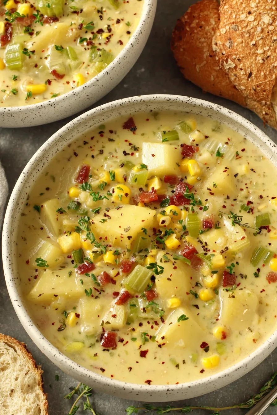 Fresh ingredients for chowder on a cutting board