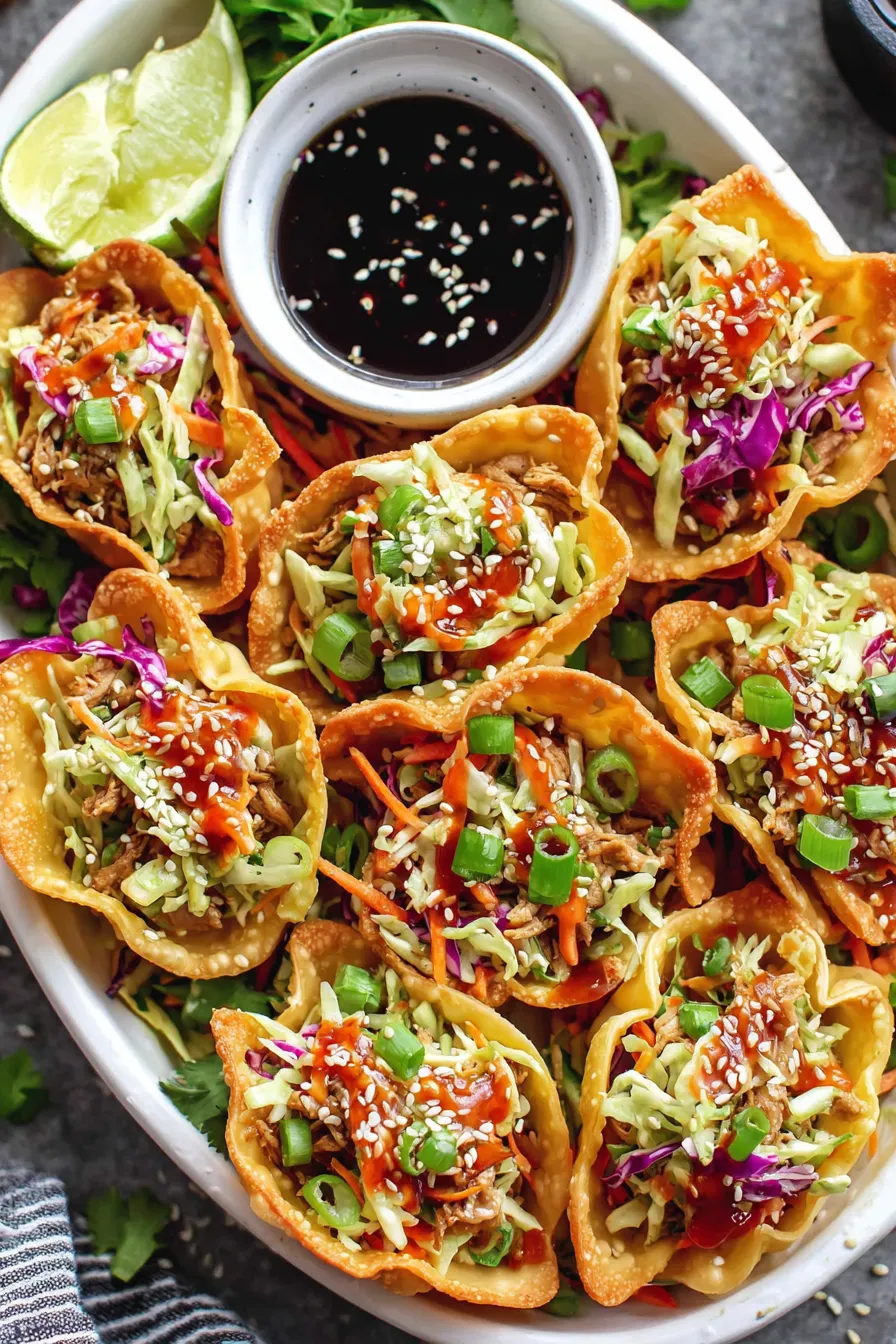 Baked wonton shells filled with hoisin chicken and slaw