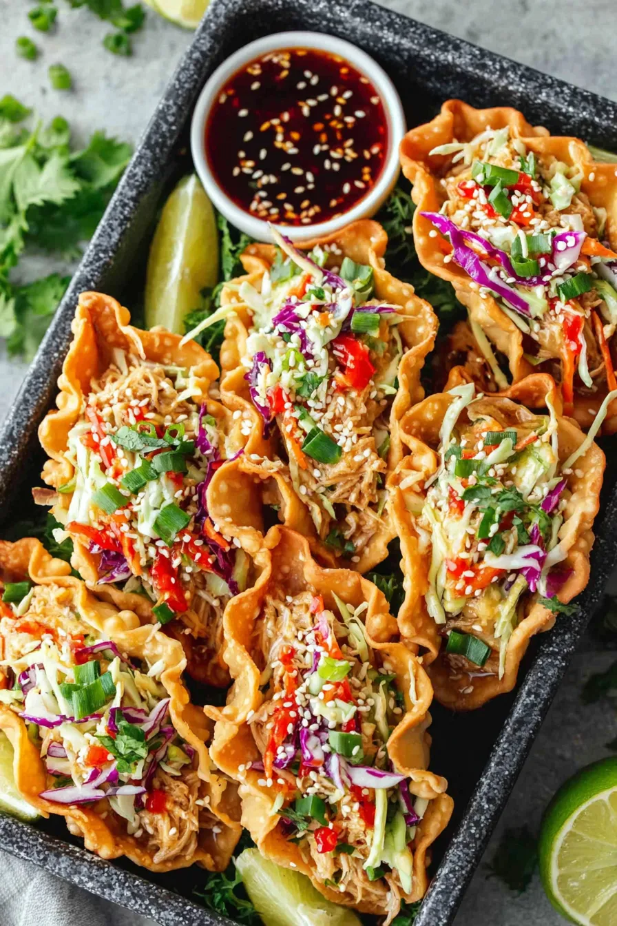 Close up of chicken and slaw in a wonton shell