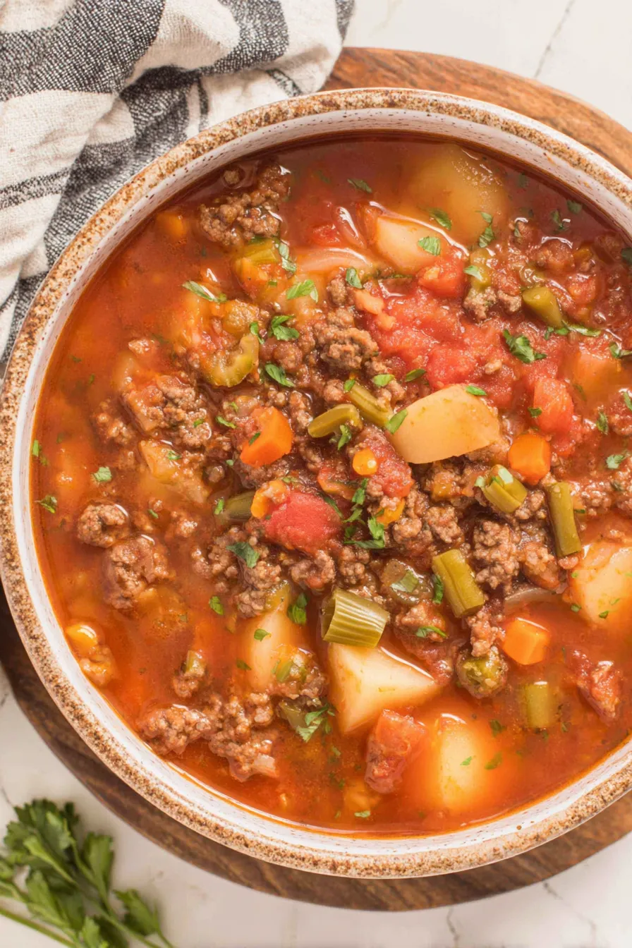 Hearty bowl of hamburger soup in a white bowl