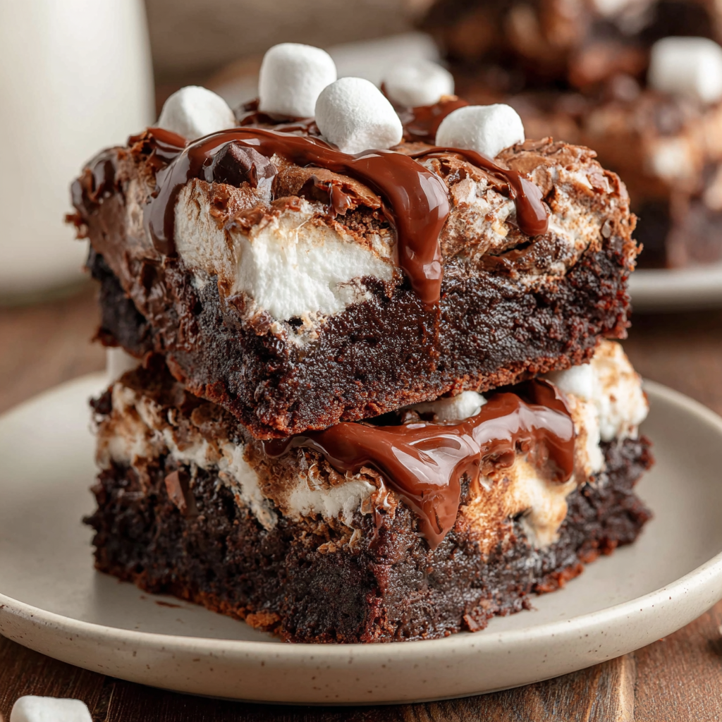 Stacked marshmallow-topped chocolate brownies with thick frosting