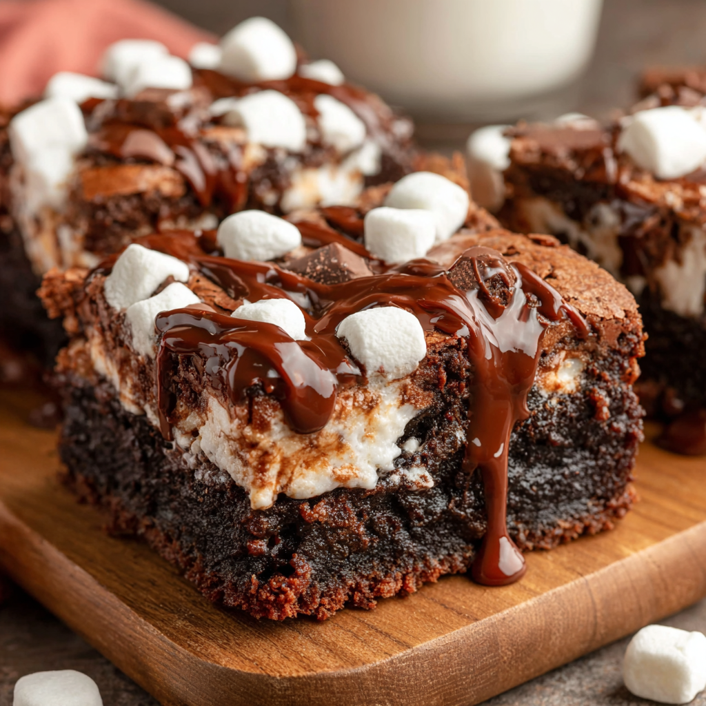 Close-up of fudgy brownie crumb topped with marshmallow and shiny chocolate frosting