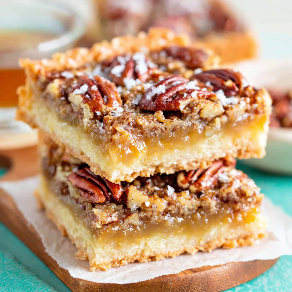 Sliced pecan pie bars on a cutting board with a cup of coffee