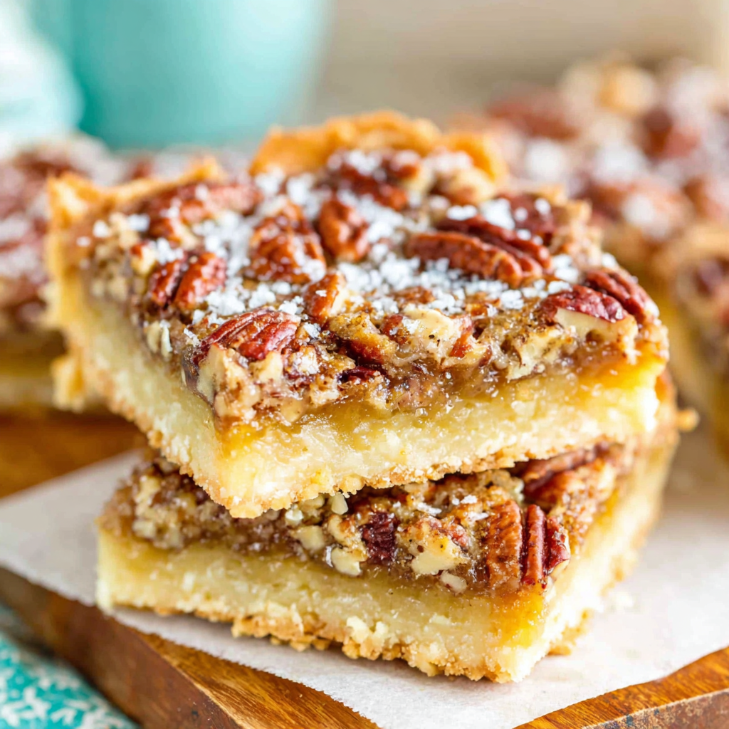 Close-up of glossy pecan topping on pecan pie bars