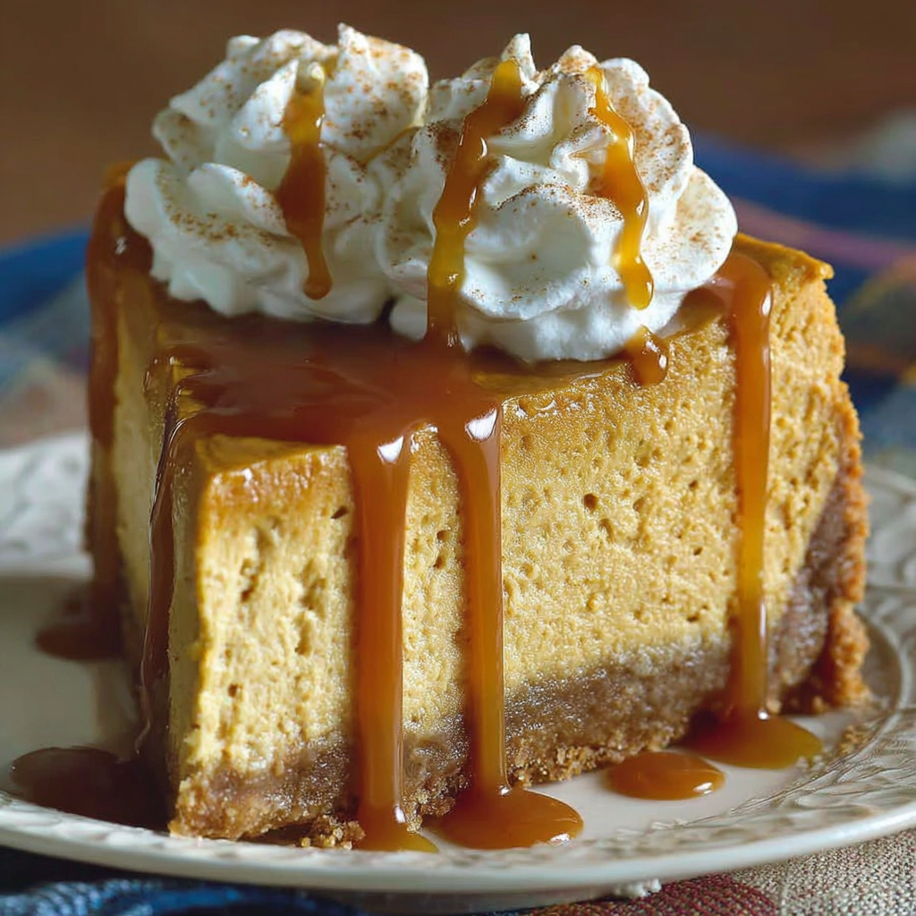 Sliced pumpkin cheesecake with caramel drizzle and whipped cream