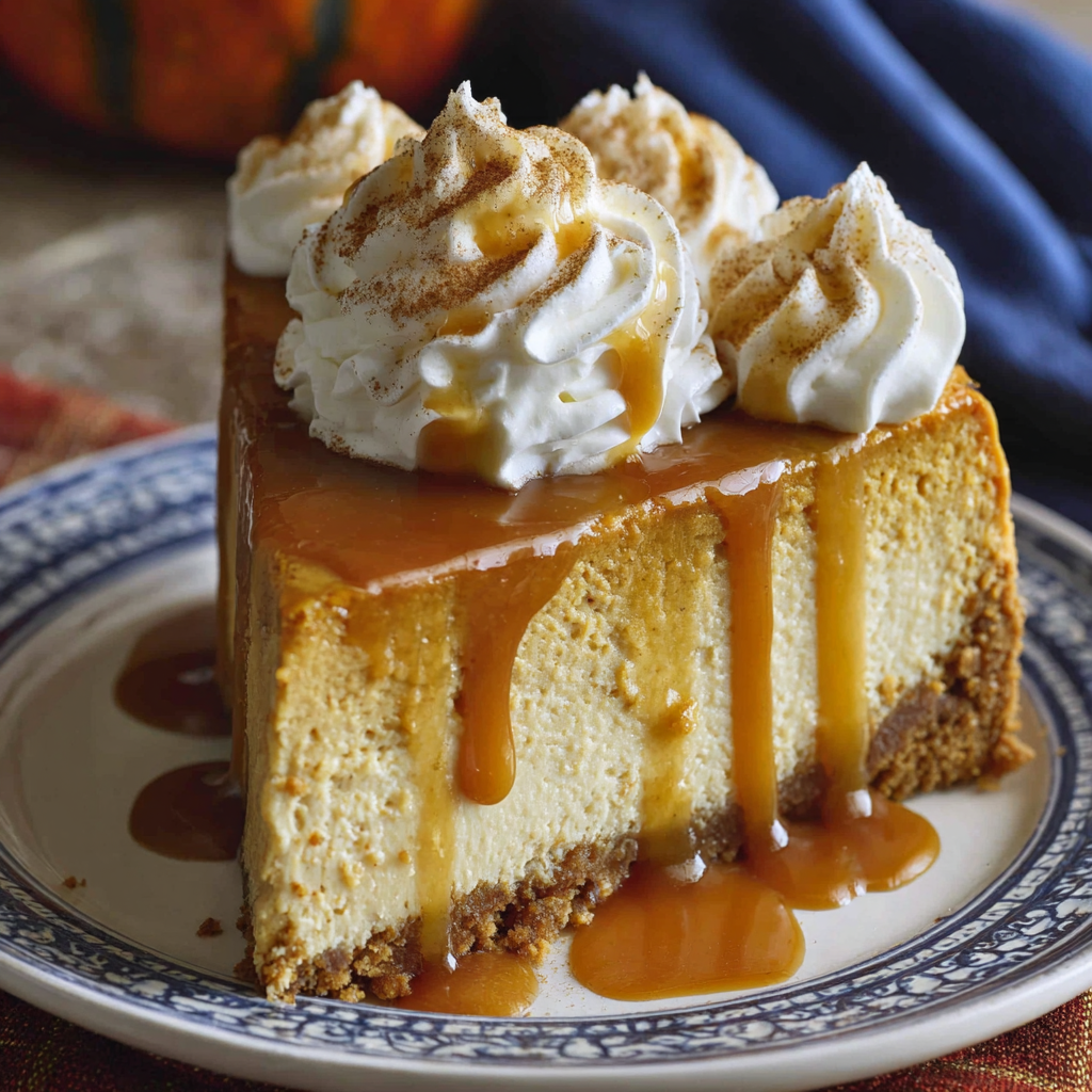 Whole pumpkin cheesecake topped with spice and caramel sauce
