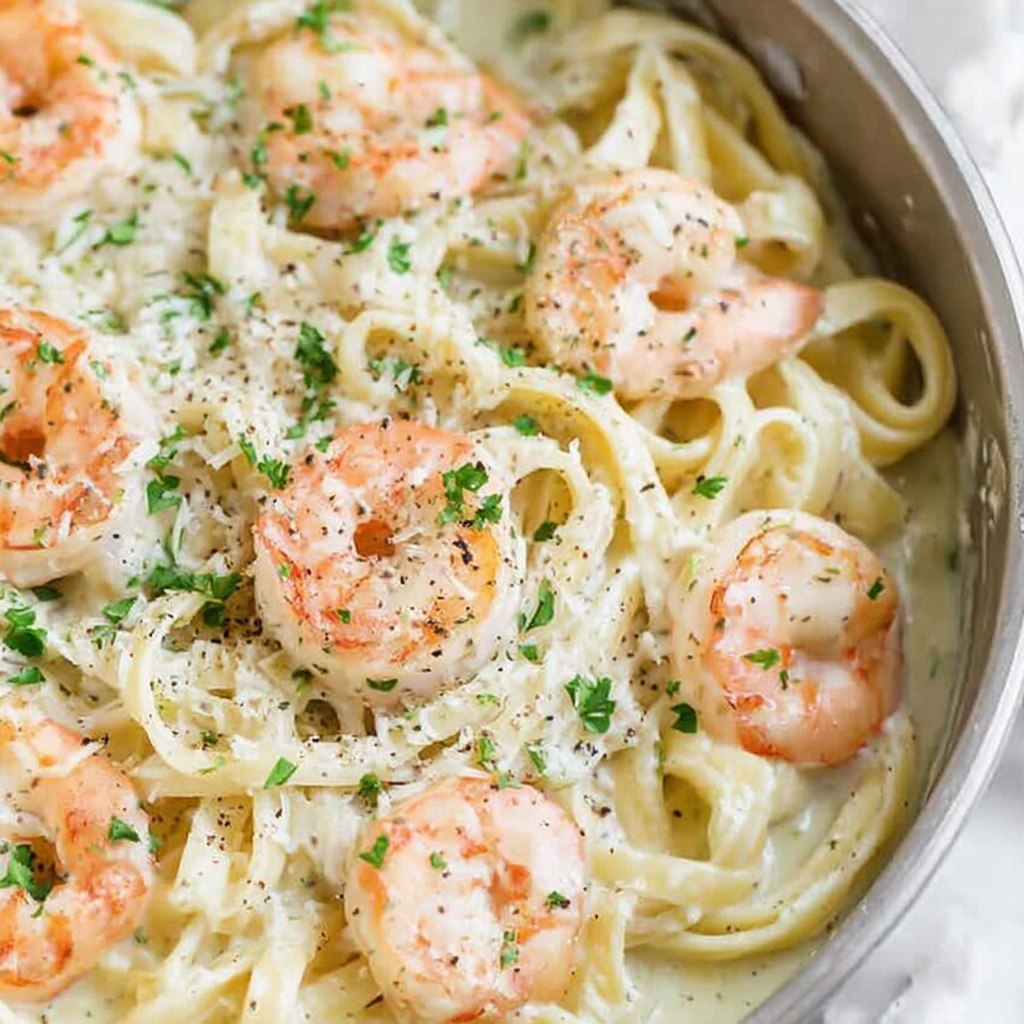 Creamy shrimp pasta twirled on a fork