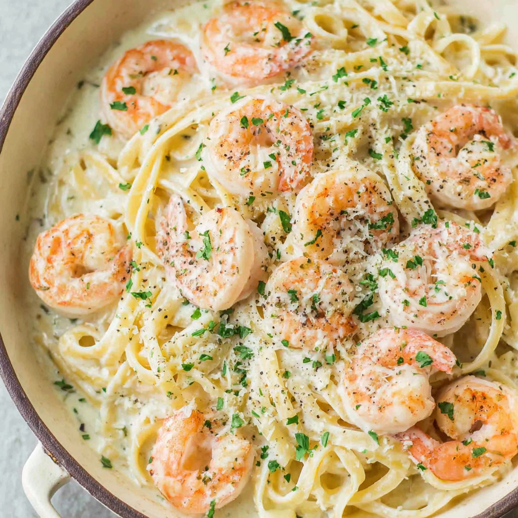 Skillet of shrimp alfredo pasta with parsley