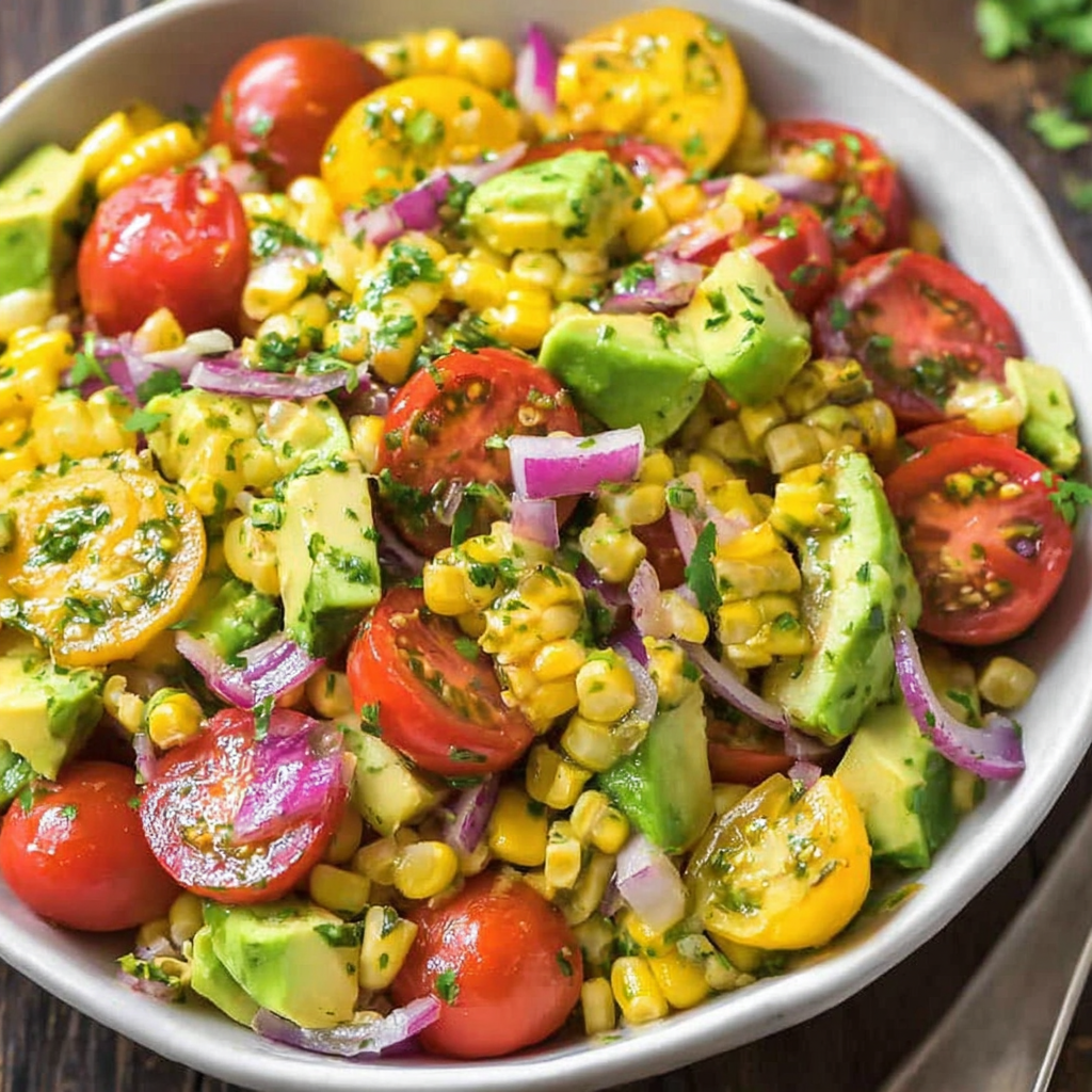 Ingredients for avocado corn salad arranged on a board