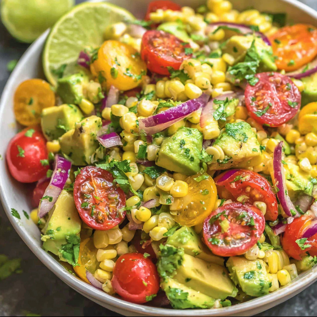 Close-up of grilled corn kernels and avocado chunks