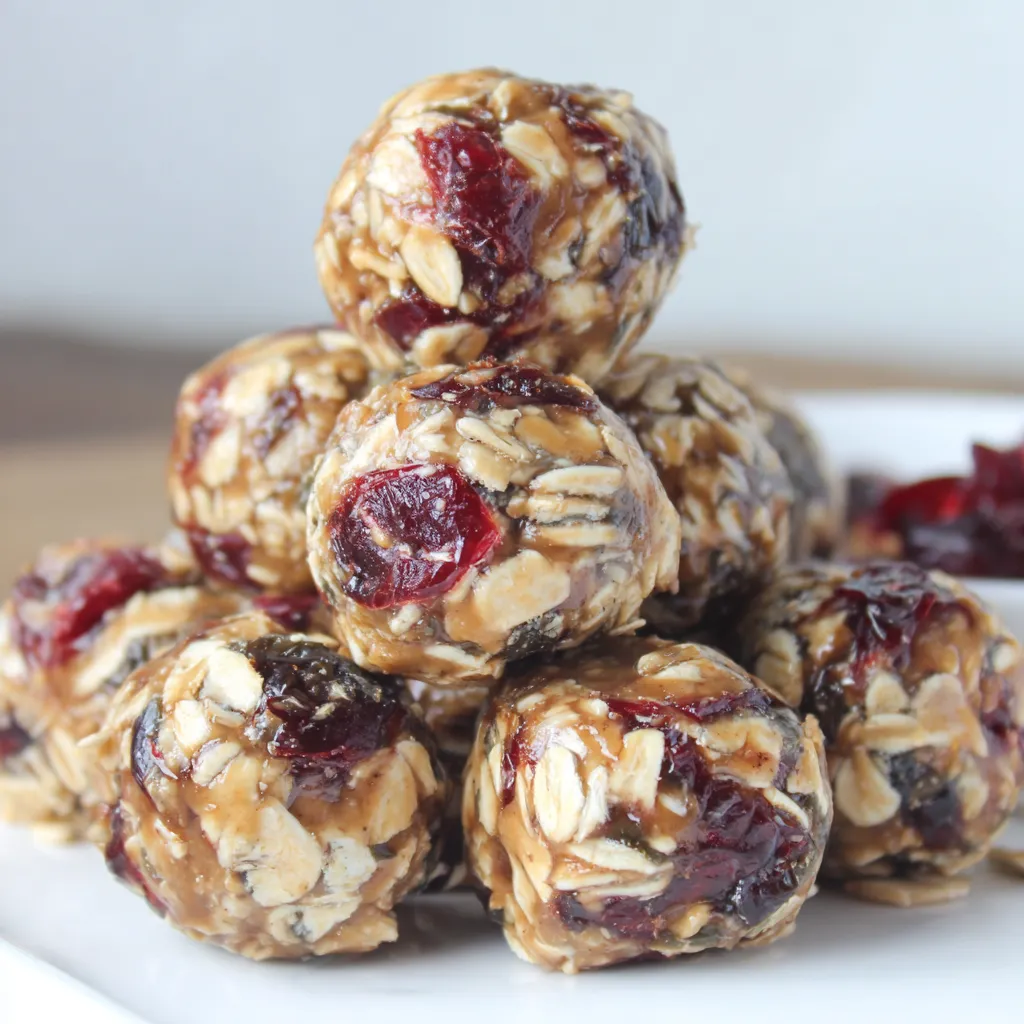 Close up of an almond and cranberry energy bite