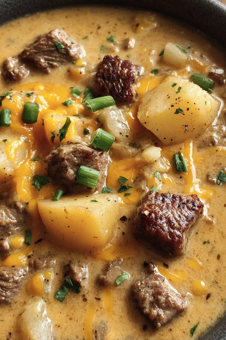 Seared beef and simmering potatoes in a pot