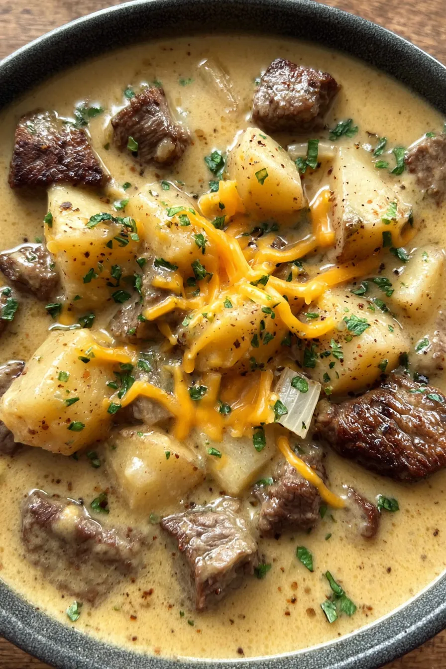 Bowl of hearty steak and potato soup with cheddar