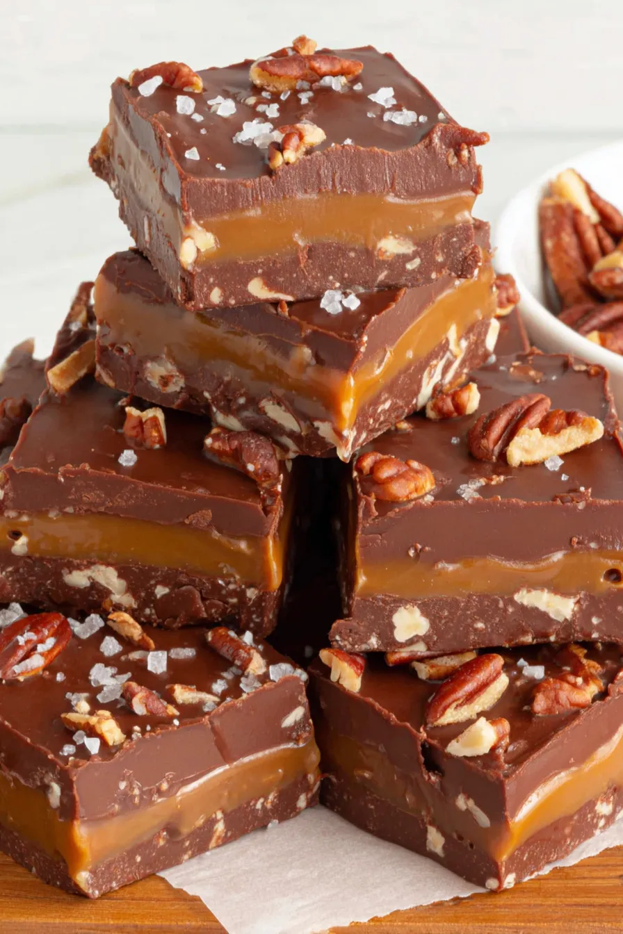 finished turtle fudge squares with pecans