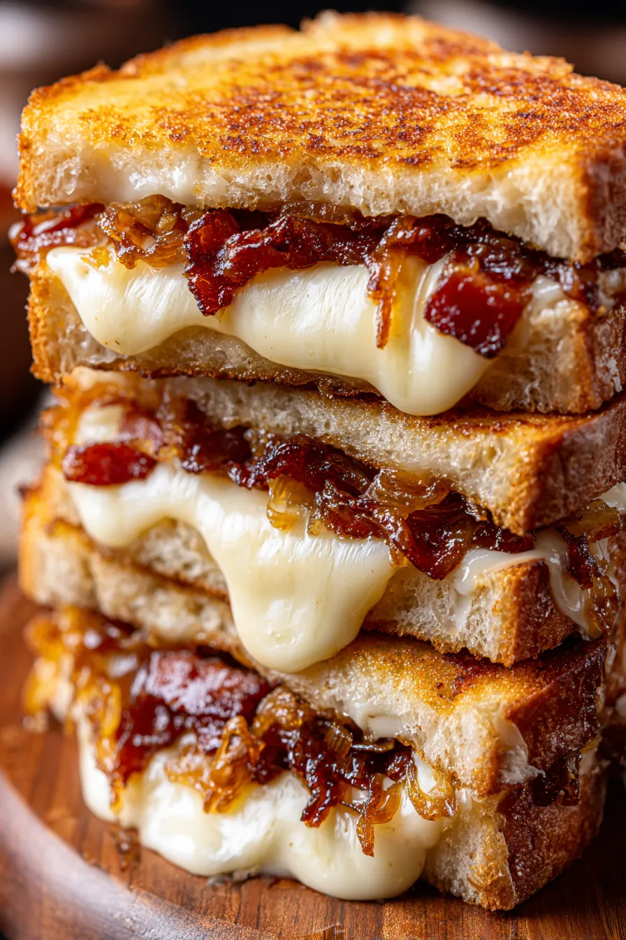 Bacon and caramelized onion grilled cheese on a skillet