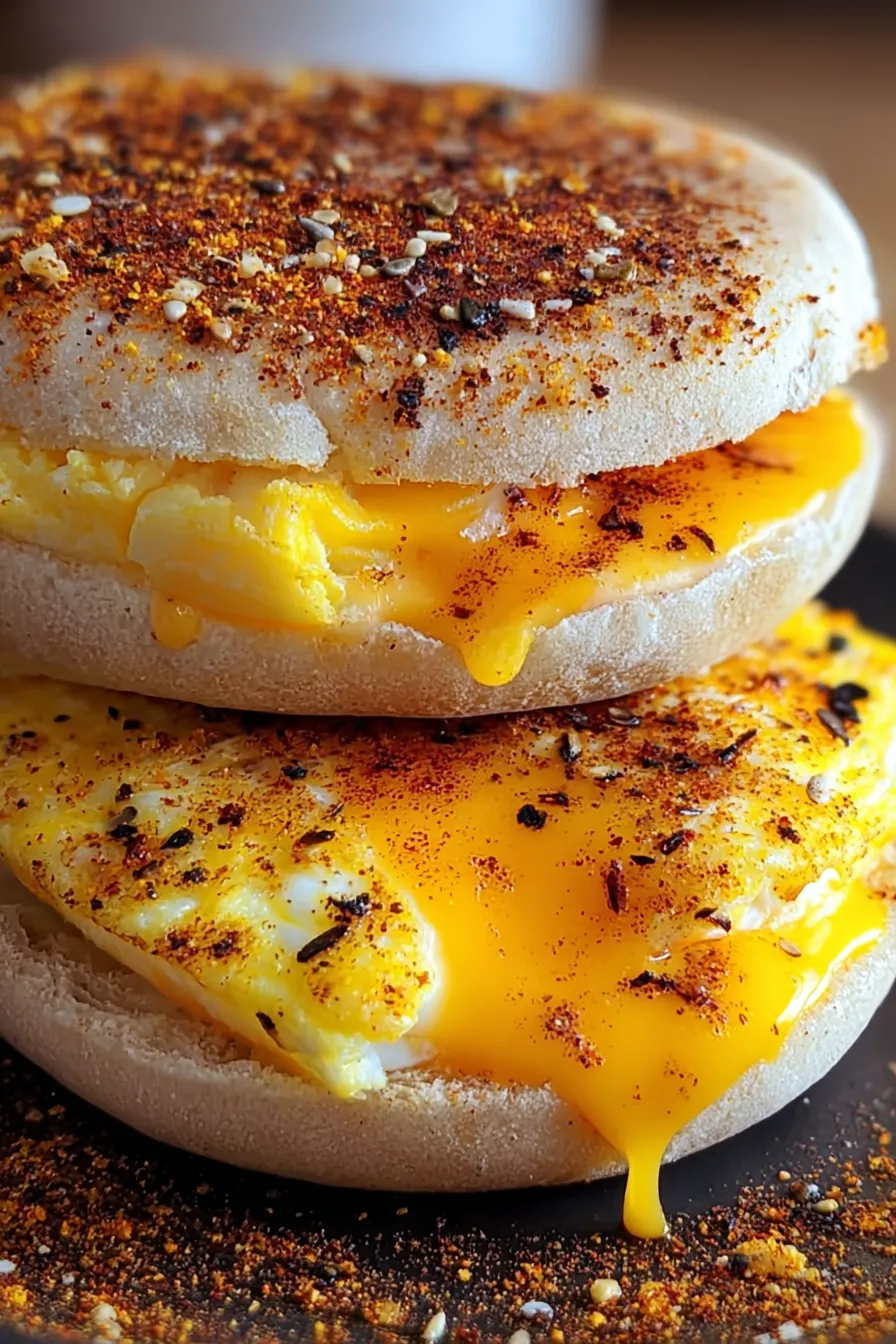 Two toasted egg muffin sandwiches on plate
