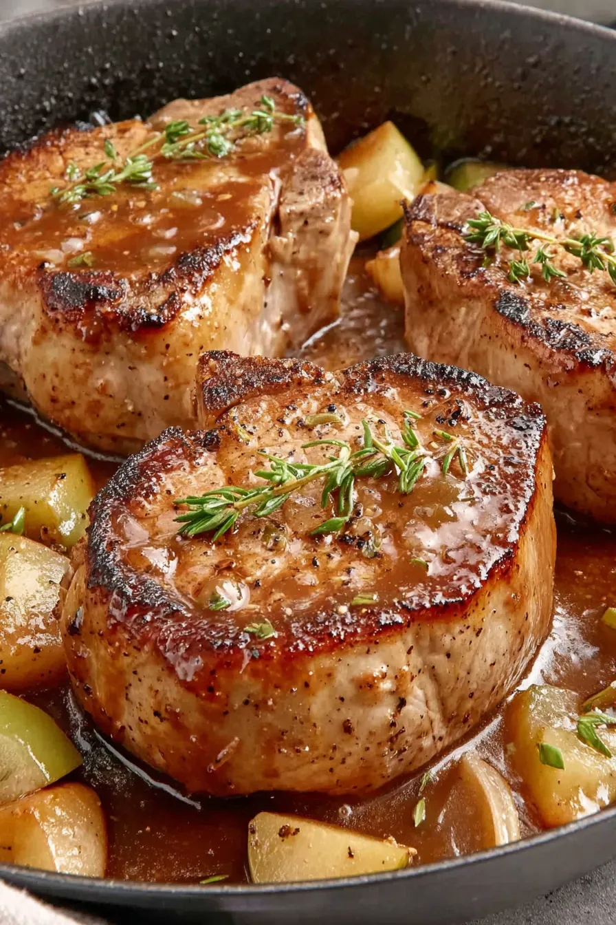 Pork chops with apple butter sauce in skillet