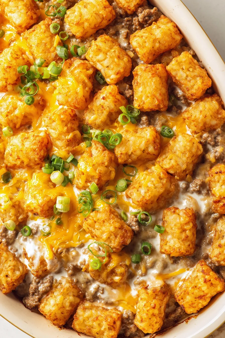 Tater tot casserole in a casserole dish with golden tots